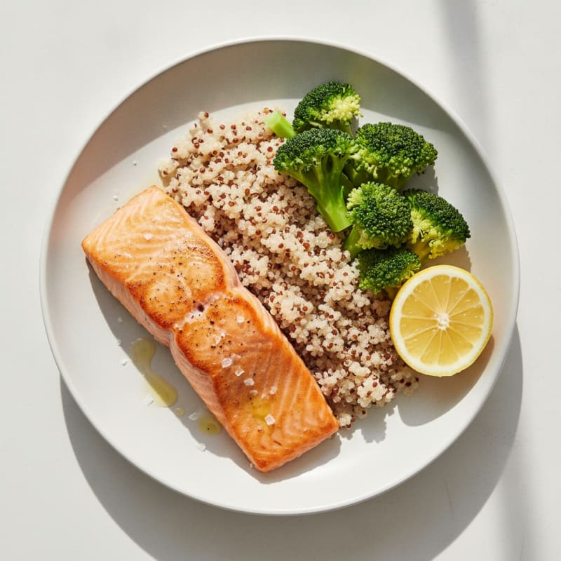 Seared Salmon with Steamed Broccoli and Quinoa