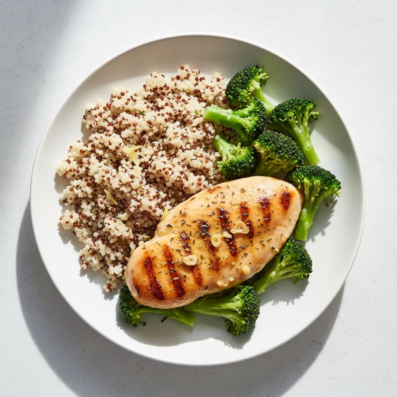 Grilled Chicken Breast with Steamed Broccoli and Quinoa