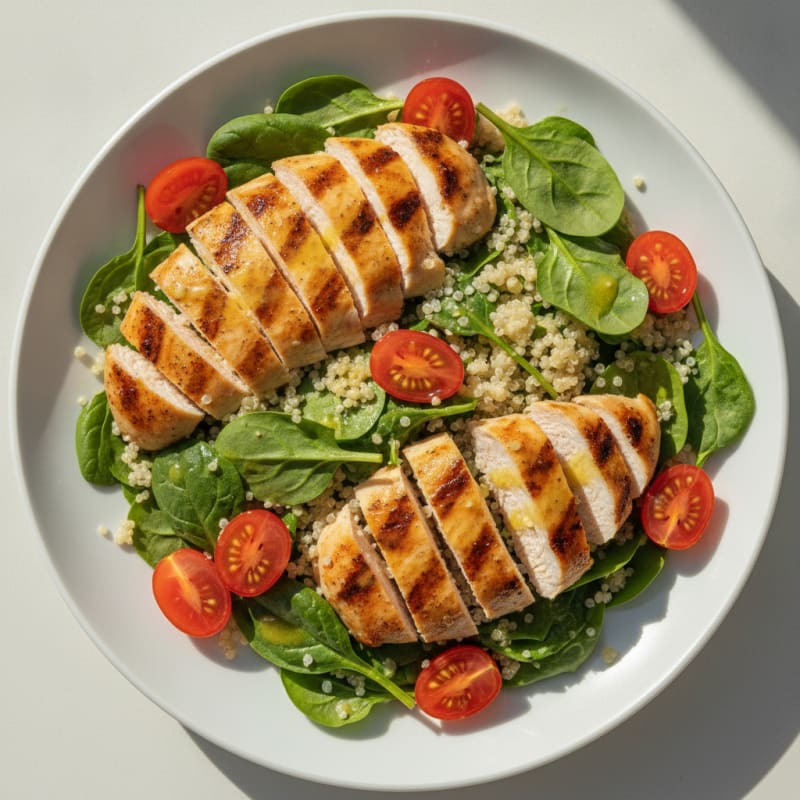 Grilled Chicken and Quinoa Salad with Spinach and Cherry Tomatoes