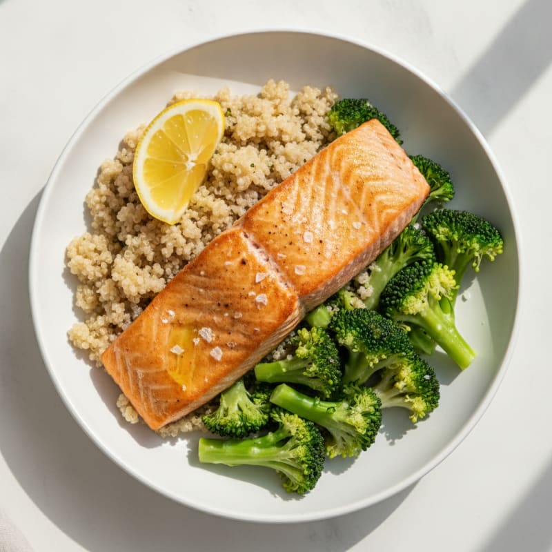 Seared Salmon with Steamed Broccoli and Quinoa