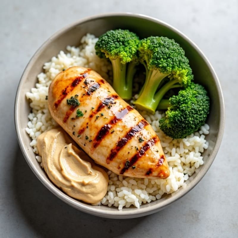 Grilled Chicken and Rice Bowl with Roasted Broccoli and Hummus