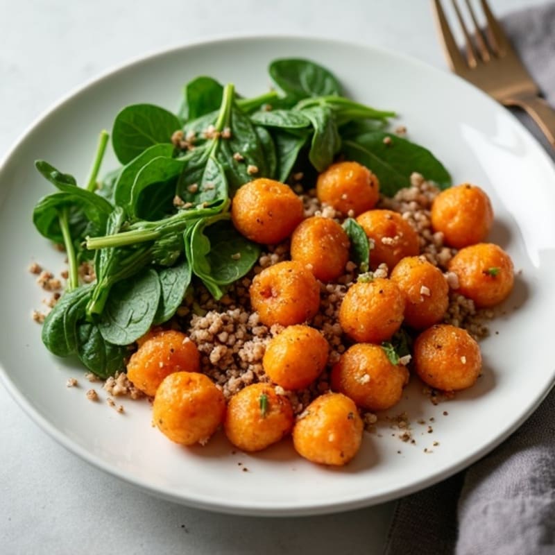 Crispy Sweet Potato Gnocchi with Lean Ground Turkey and Garlicky Greens