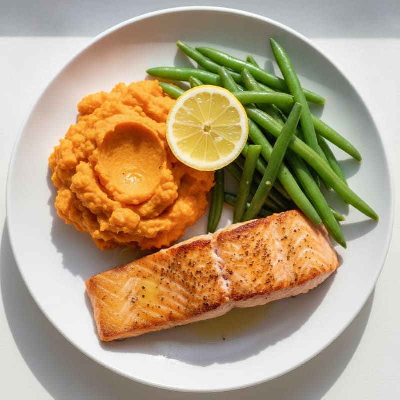 Seared Salmon with Steamed Green Beans and Sweet Potato Mash