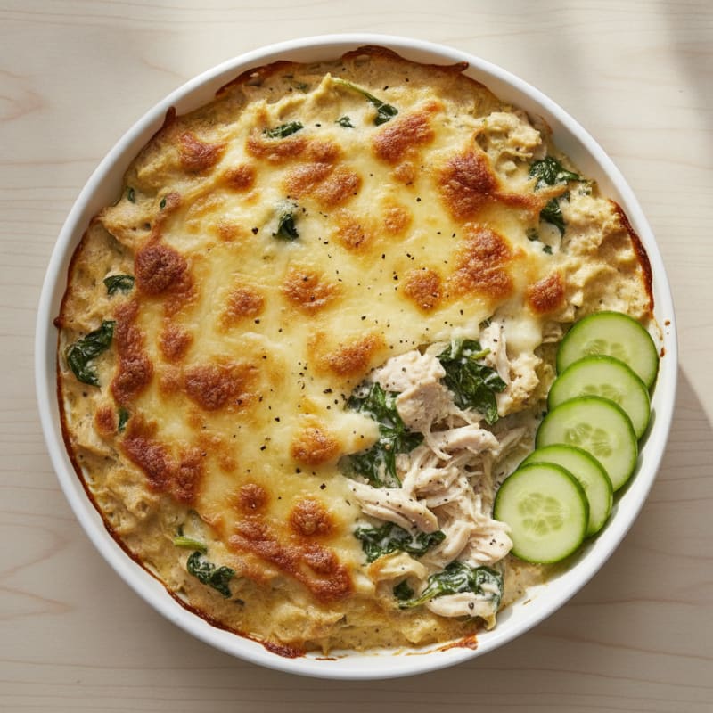 High-Protein Baked Spinach Artichoke Chicken Dip