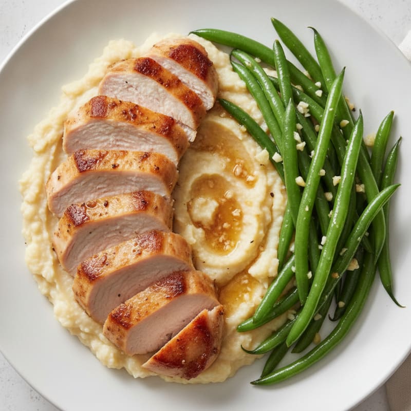 Seared Turkey Breast with Steamed Green Beans and Cauliflower Mash