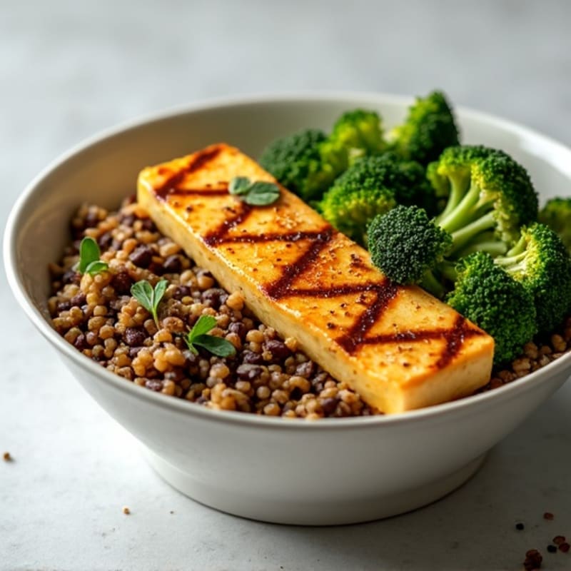 Grilled Tofu and Lentil Power Bowl with Quinoa and Roasted Broccoli