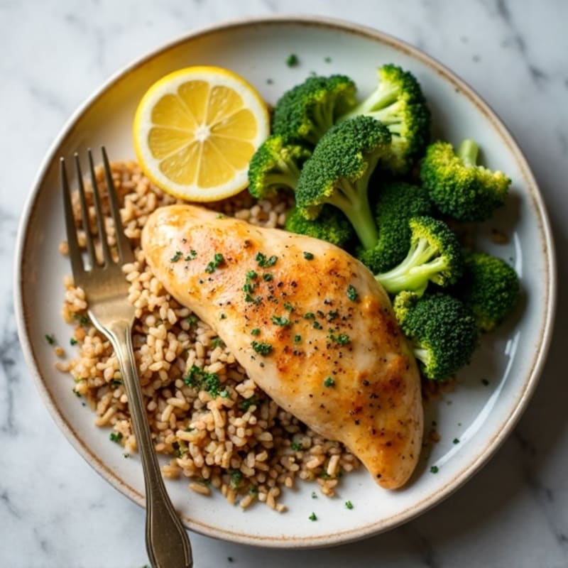 Lemon Herb Roasted Chicken with Crispy Broccoli and Brown Rice