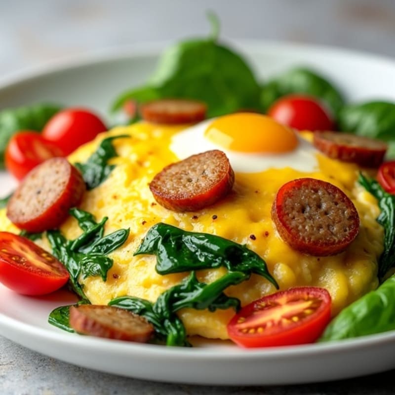 Egg White and Turkey Sausage Scramble with Spinach and Cherry Tomatoes