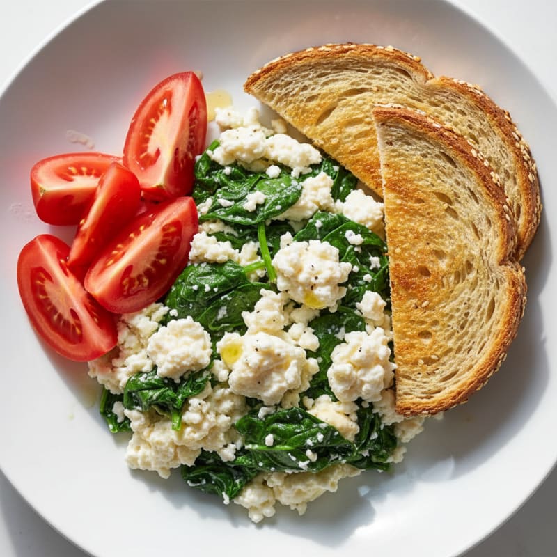 Egg White Spinach Scramble with Cottage Cheese and Fresh Tomato