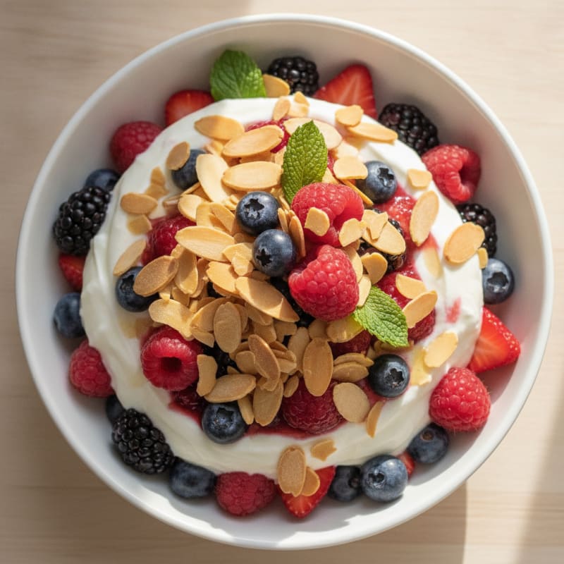 Greek Yogurt Protein Parfait with Mixed Berries and Almonds