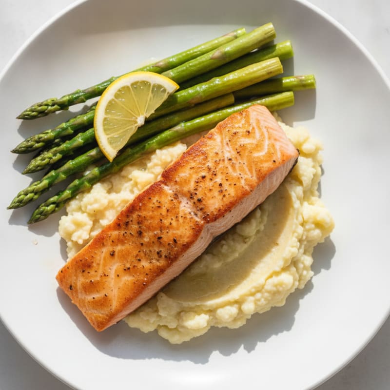 Seared Salmon with Steamed Asparagus and Cauliflower Mash