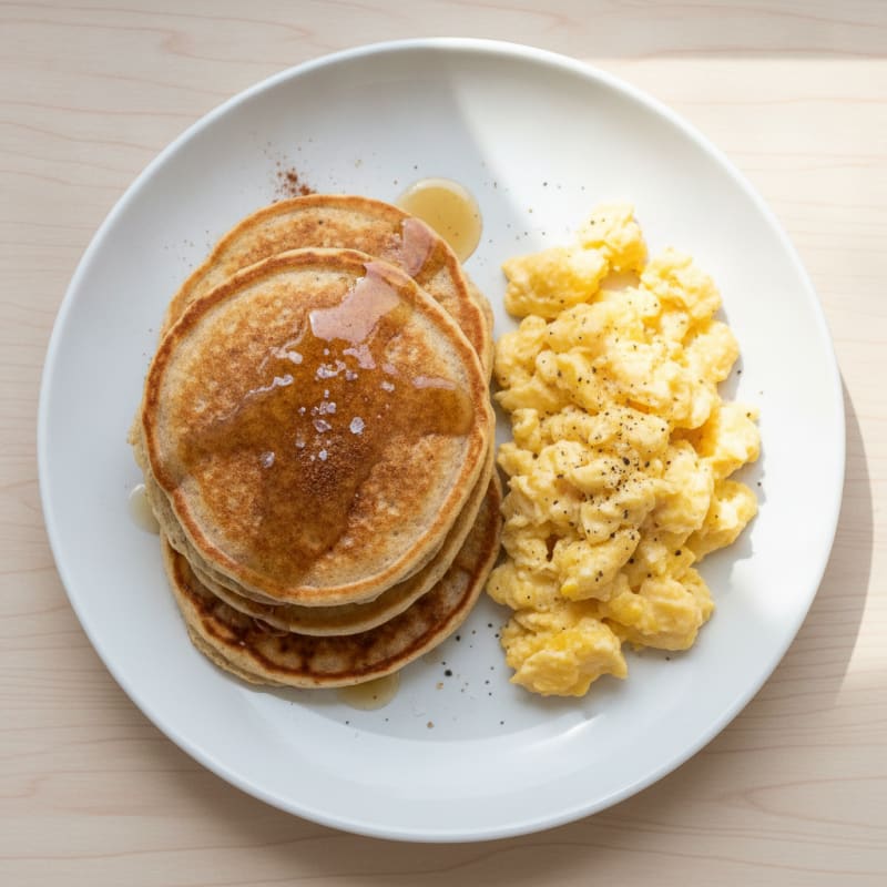 Fluffy Oatmeal Pancakes with Scrambled Eggs