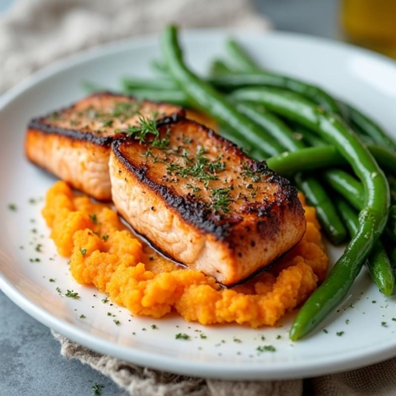 Seared Salmon Filet with Garlic Green Beans and Sweet Potato Mash