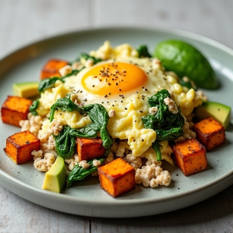 Egg White and Turkey Spinach Scramble with Roasted Sweet Potato