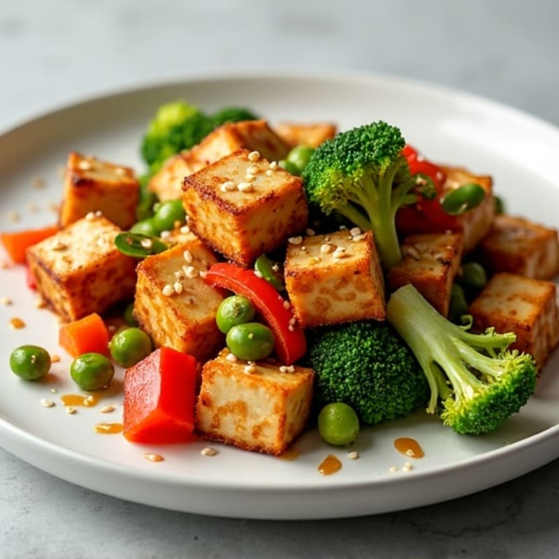 Crispy Sesame Ginger Tofu with Stir-Fried Vegetables