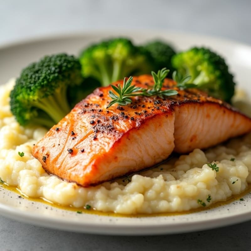 Seared Salmon with Steamed Broccoli and Cauliflower Mash