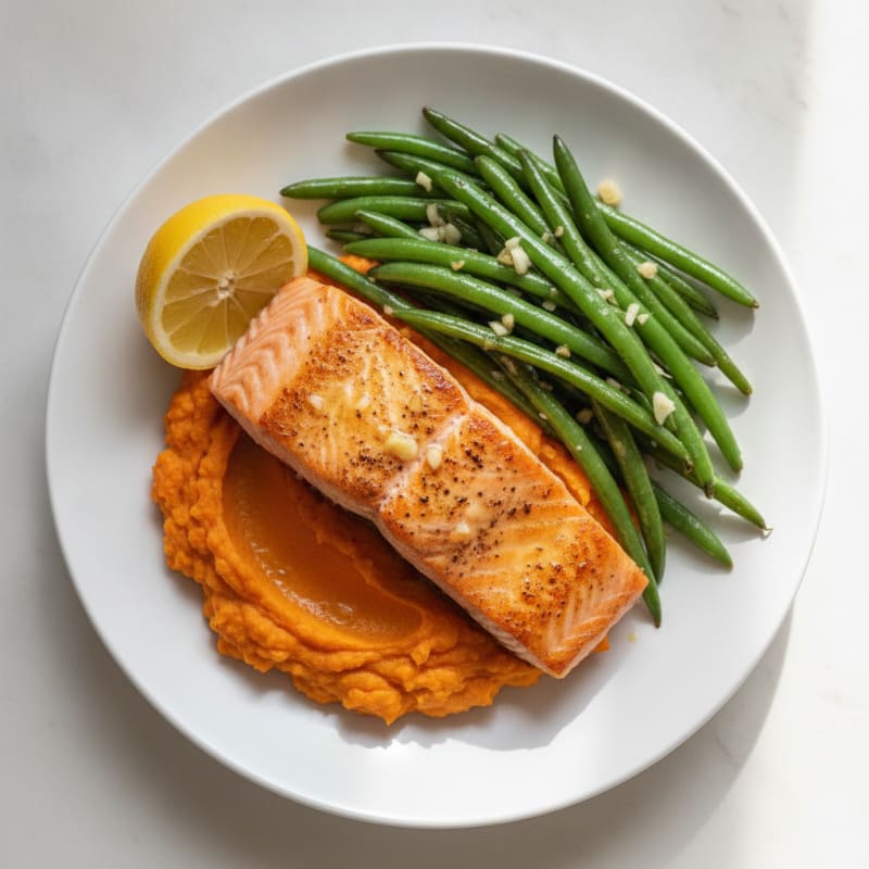 Seared Salmon with Garlic Green Beans and Sweet Potato Mash