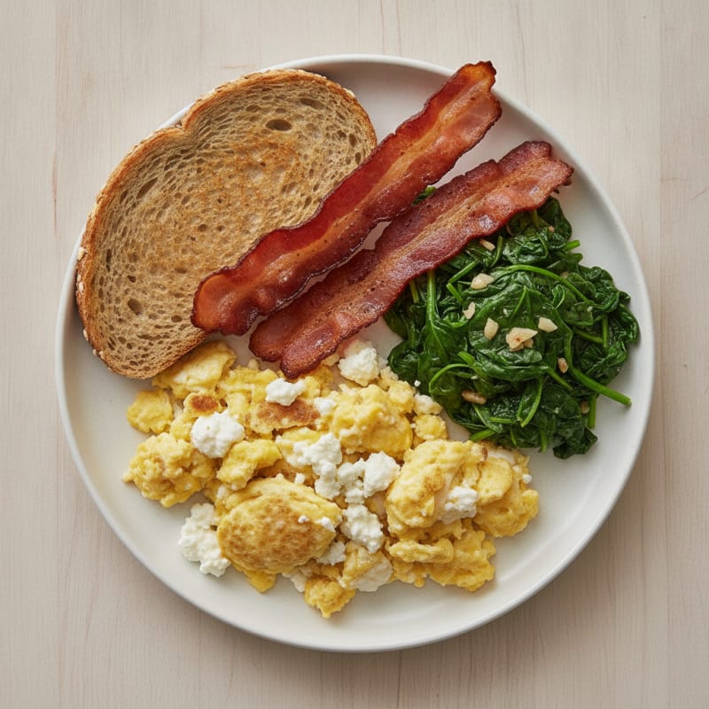 Cottage Cheese and Egg Scramble with Sautéed Spinach and Turkey Bacon