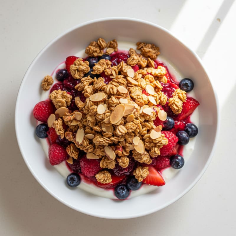 Greek Yogurt Parfait with Crunchy Almond Granola and Mixed Berries