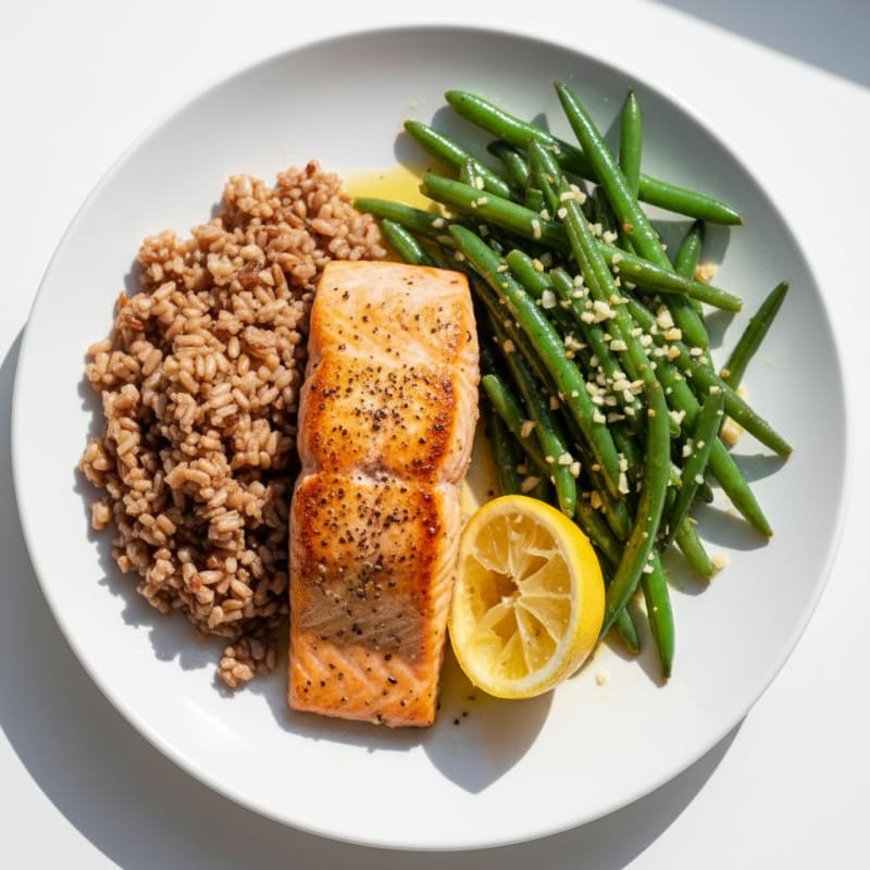 Seared Salmon Fillet with Garlic Green Beans and Brown Rice