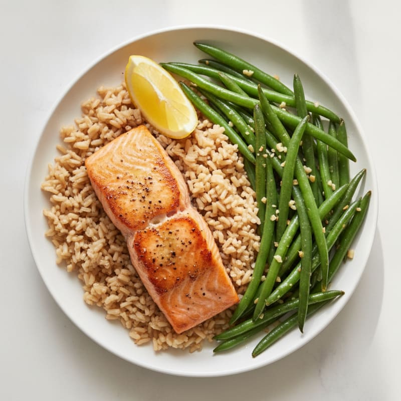 Seared Salmon Fillet with Garlic Green Beans and Steamed Brown Rice