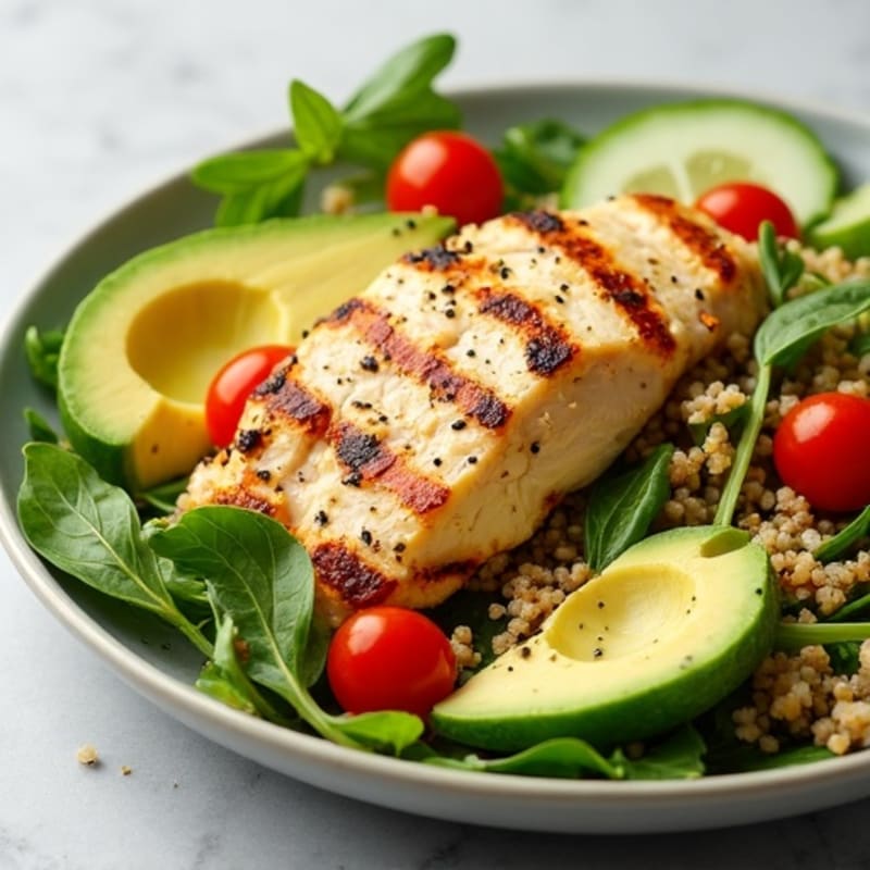 Grilled Chicken Breast Salad with Creamy Avocado and Quinoa