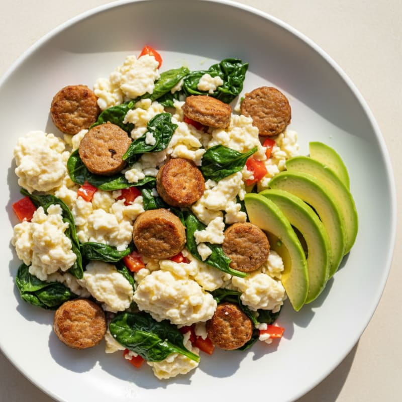 Egg White Scramble with Turkey Sausage and Sautéed Spinach