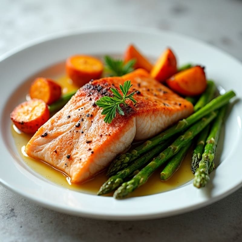 Seared Salmon with Roasted Sweet Potatoes and Asparagus