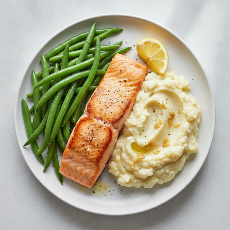 Seared Salmon with Steamed Green Beans and Garlic Mashed Cauliflower