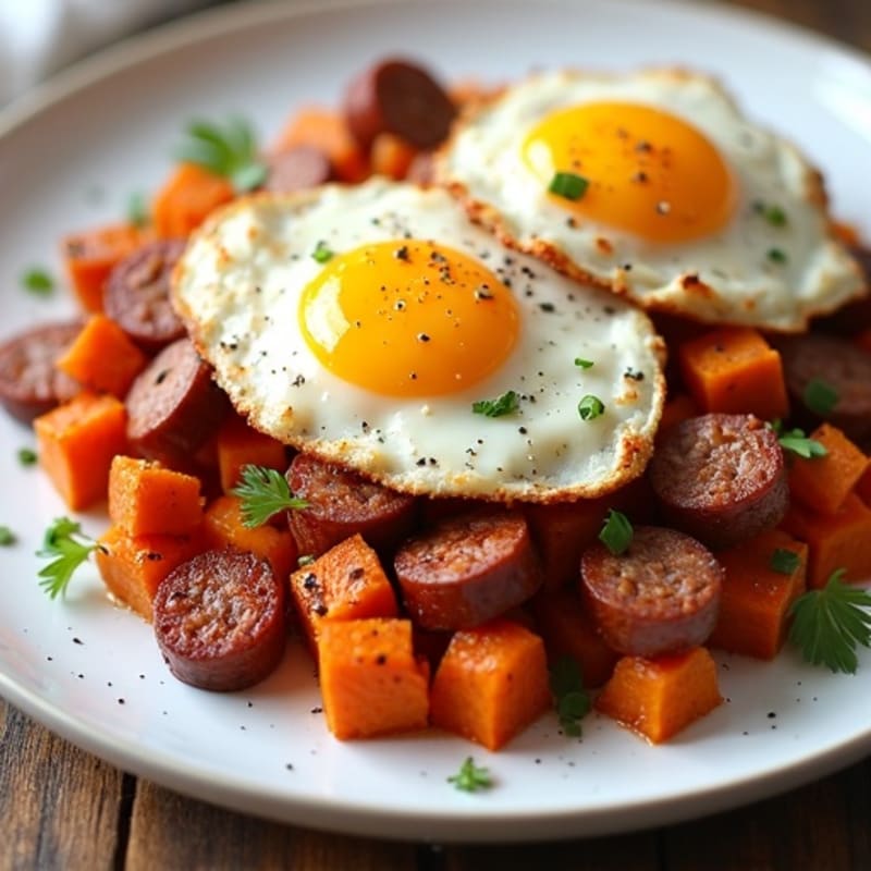 Sweet Potato and Turkey Sausage Hash with Crispy Fried Eggs