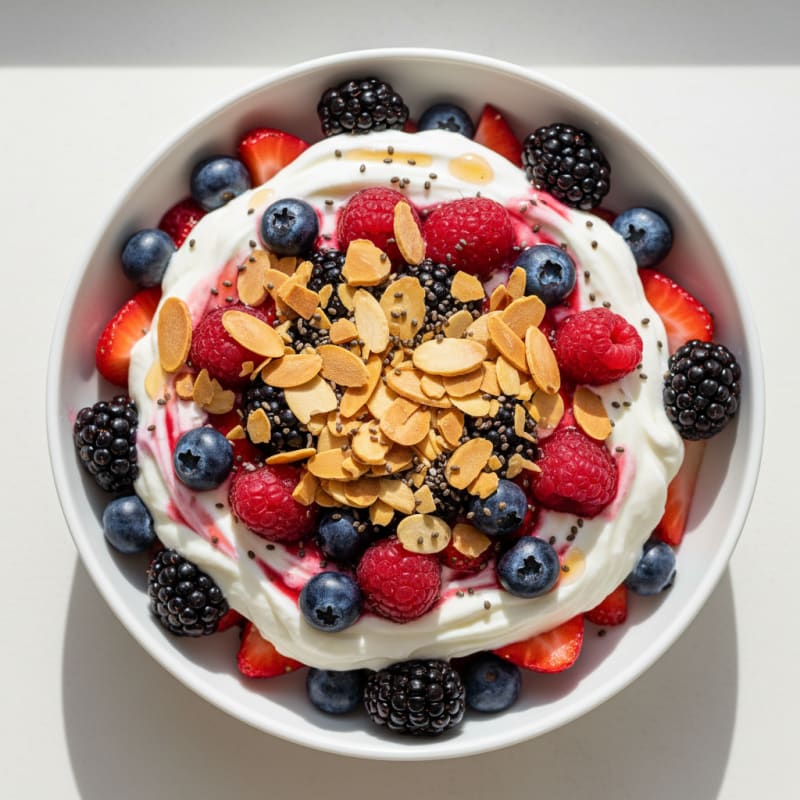 Greek Yogurt Protein Parfait with Mixed Berries and Almonds