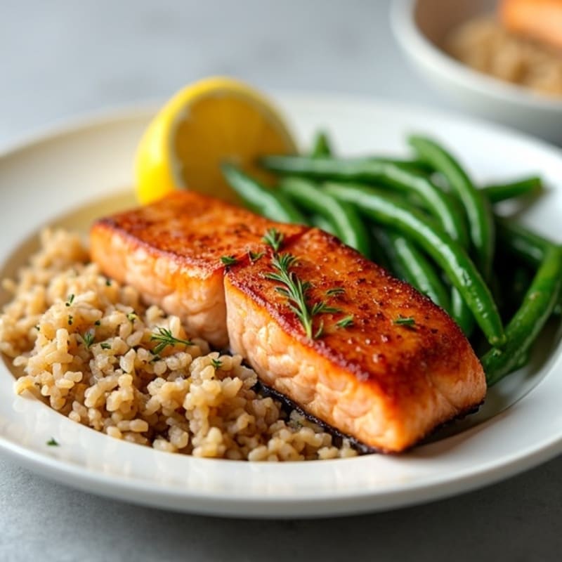 Seared Salmon Fillet with Garlic Green Beans and Brown Rice