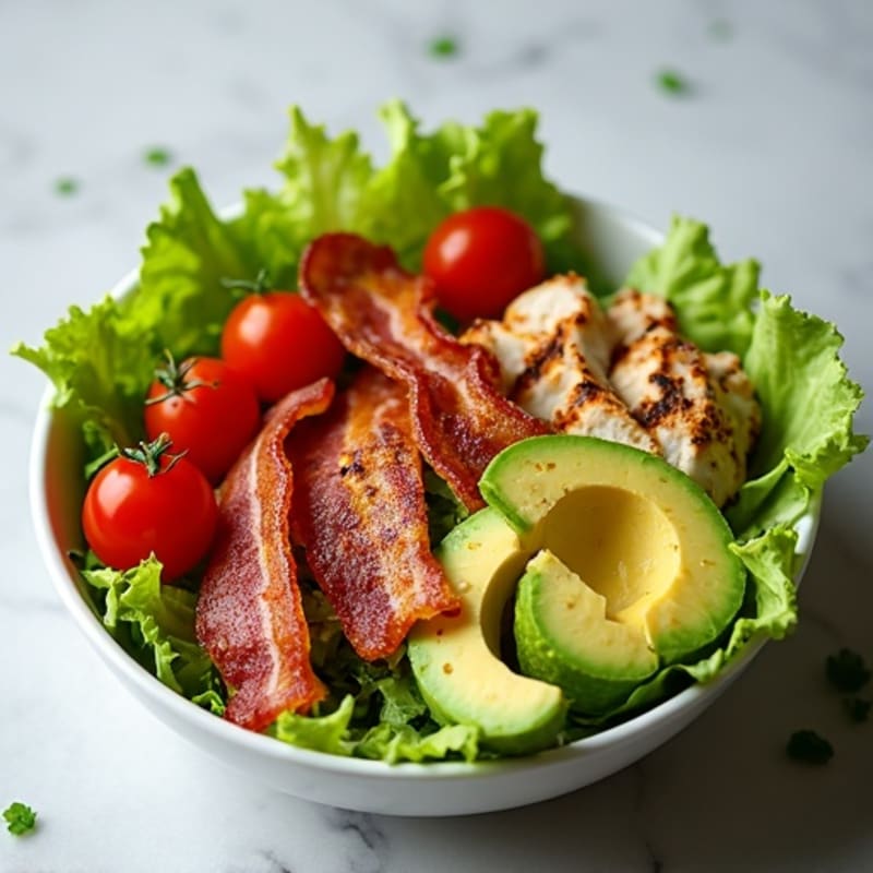Crispy Turkey Bacon and Grilled Chicken BLT Bowl with Creamy Avocado Dressing