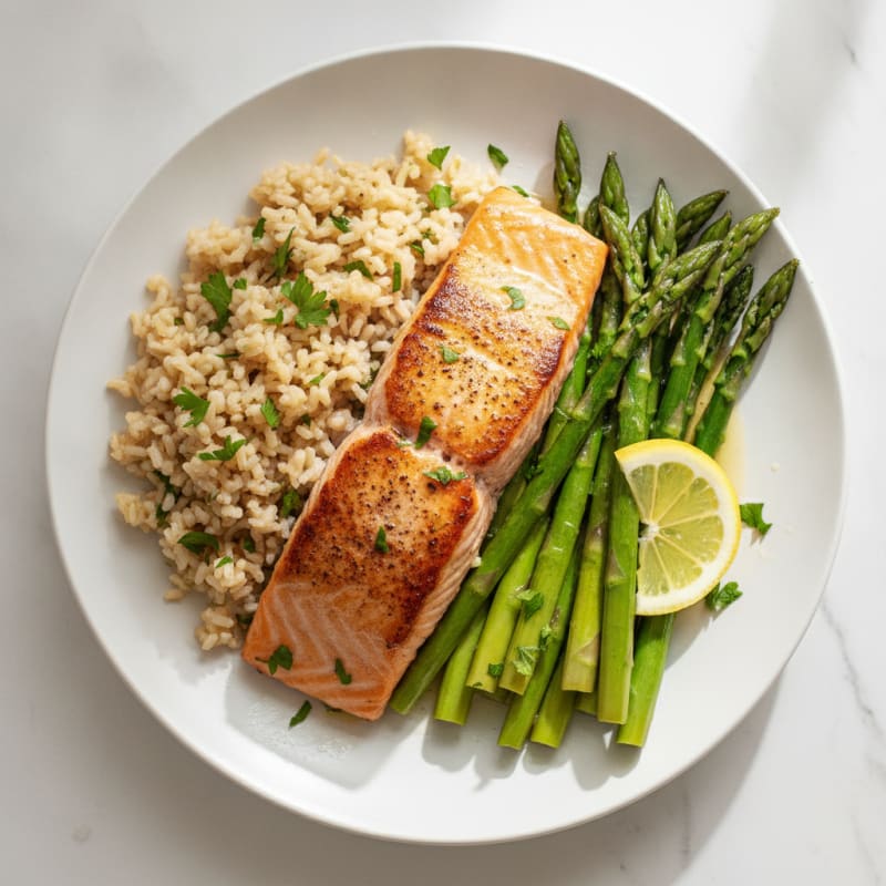 Seared Salmon with Steamed Asparagus and Herbed Brown Rice