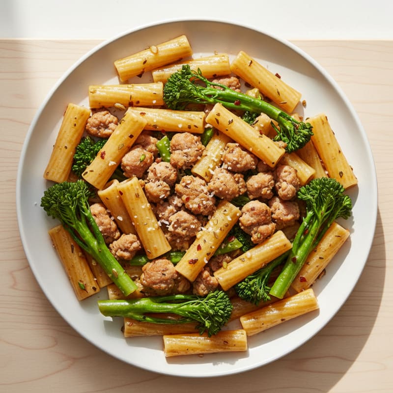 High Protein Rigatoni with Turkey Sausage and Broccolini