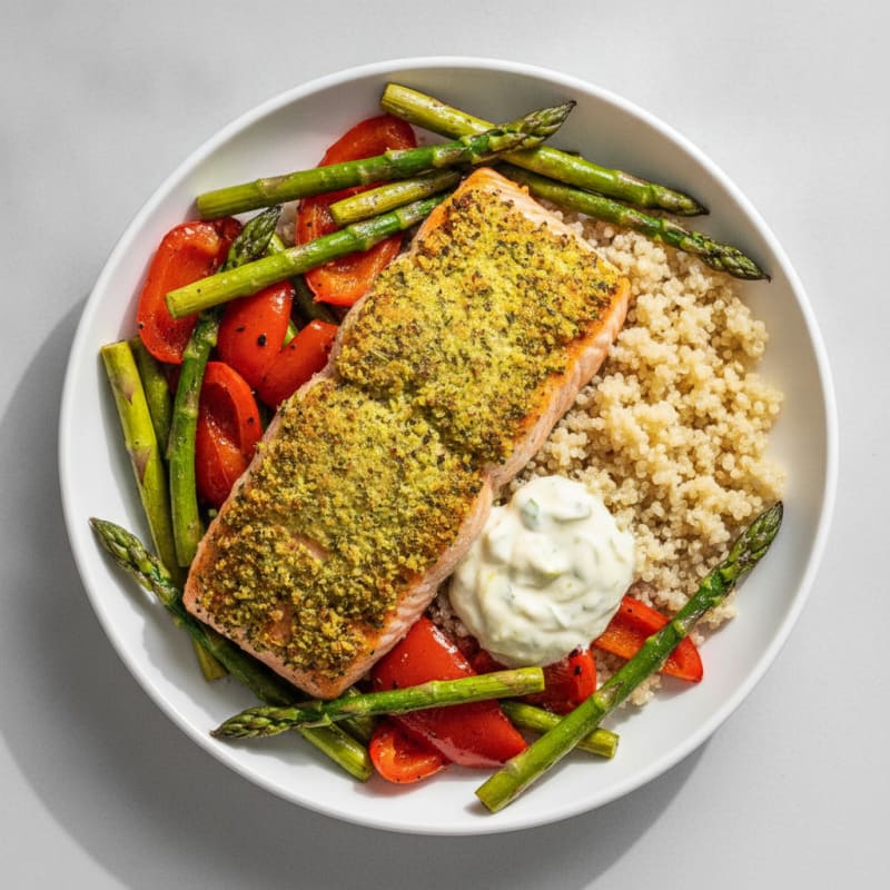 Herb-Crusted Salmon with Roasted Vegetables and Quinoa