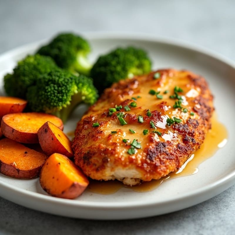 Crispy Baked Honey-Mustard Chicken with Roasted Sweet Potatoes and Broccoli