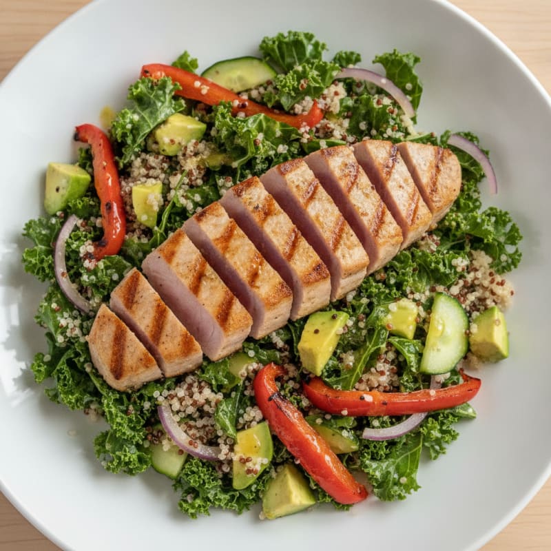 Grilled Tuna and Quinoa Salad with Roasted Peppers and Kale
