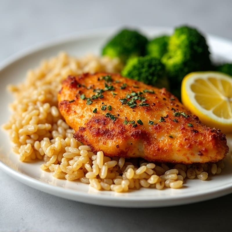 Crispy Lemon Garlic Chicken with Brown Rice and Roasted Broccoli