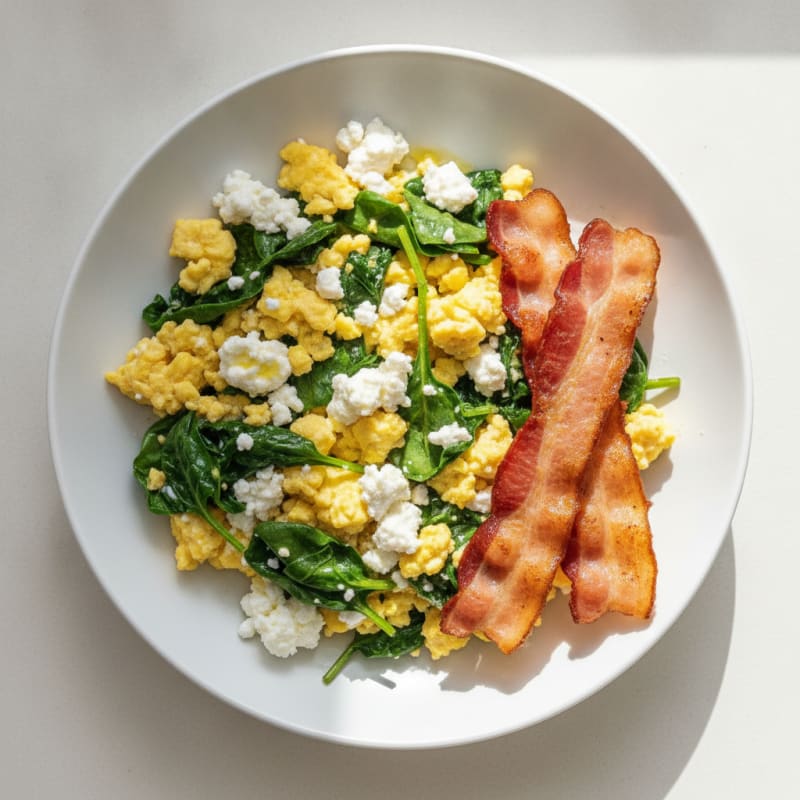 Cottage Cheese Scramble with Spinach and Turkey Bacon