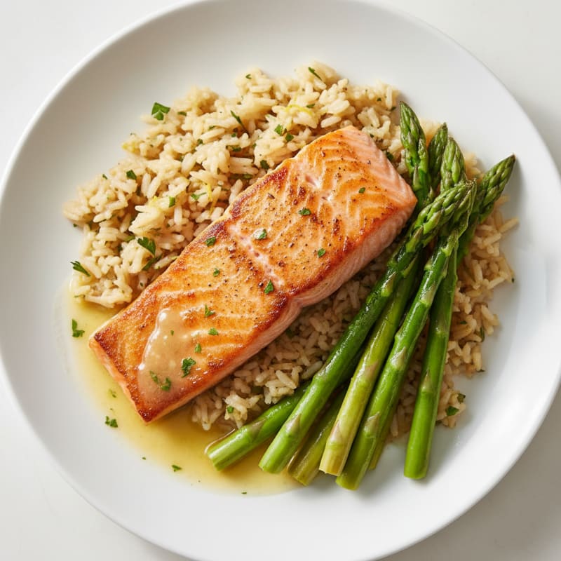 Seared Salmon with Steamed Asparagus and Lemon Brown Rice