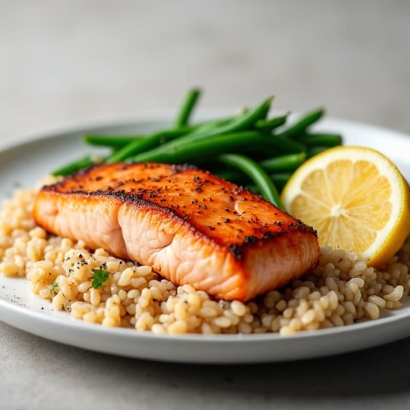 Seared Salmon with Steamed Green Beans and Brown Rice