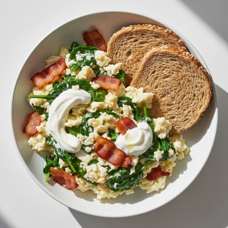 Greek Yogurt and Egg White Scramble with Spinach and Turkey Bacon