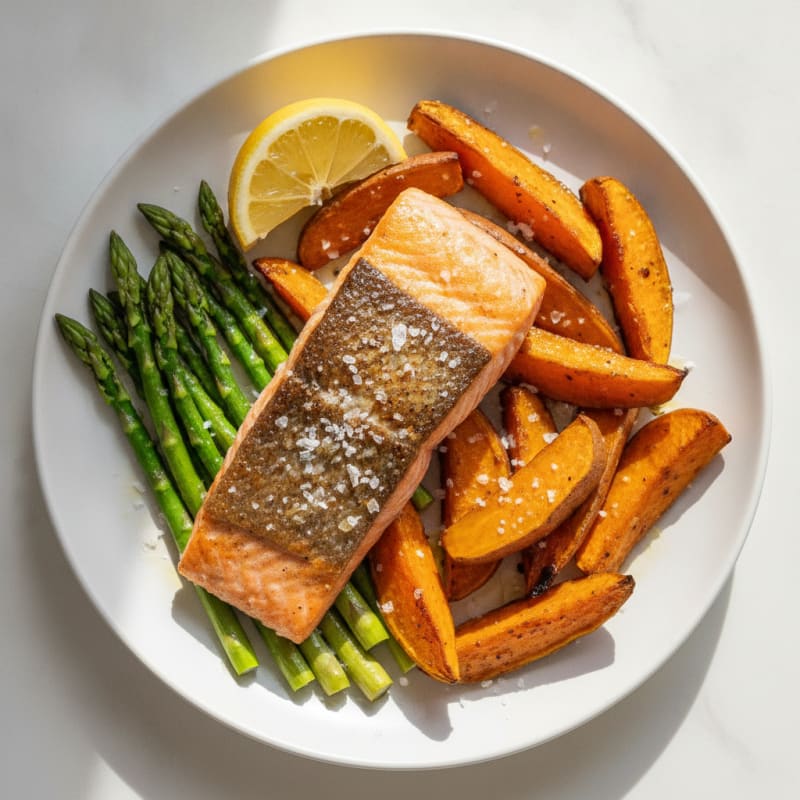 Seared Salmon with Roasted Sweet Potato and Asparagus