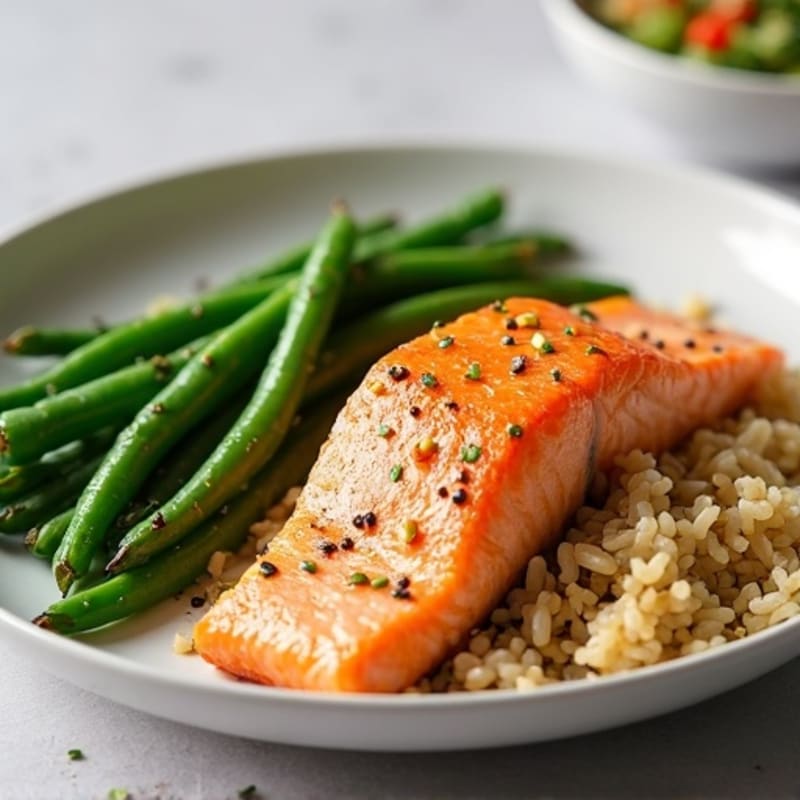 Baked Salmon with Garlic Green Beans and Brown Rice
