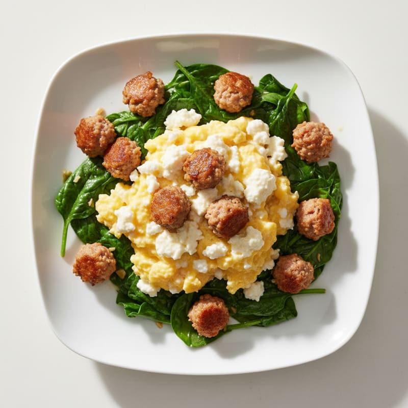 Cottage Cheese Scramble with Turkey Sausage and Sautéed Spinach