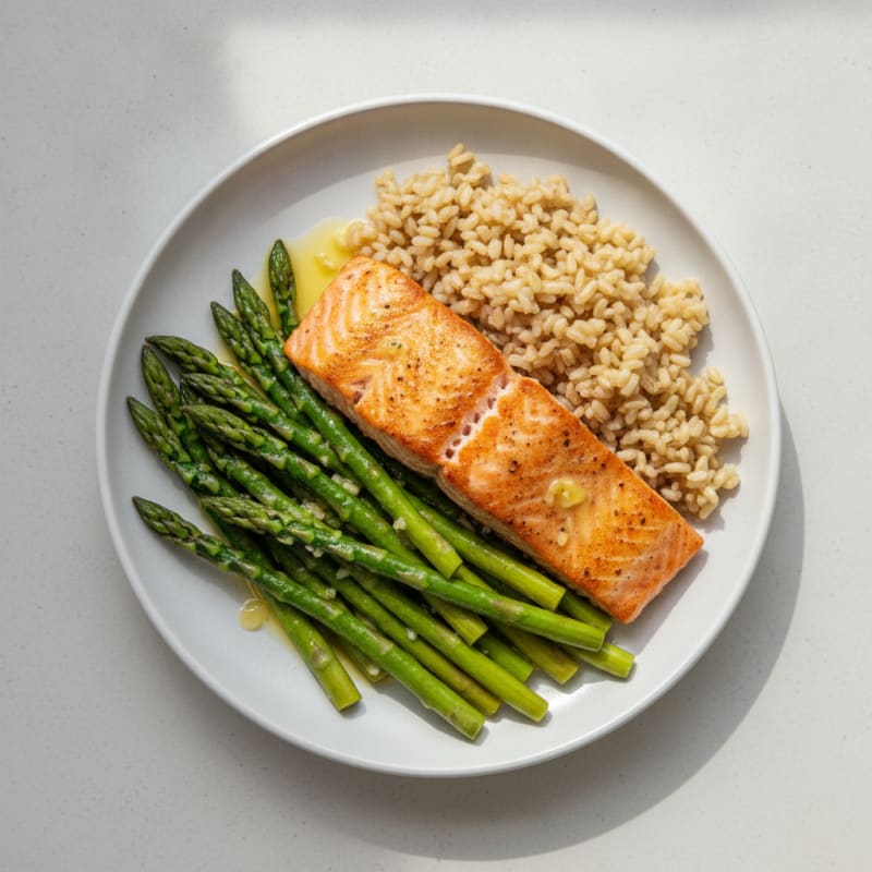 Seared Salmon with Lemon-Garlic Asparagus and Brown Rice