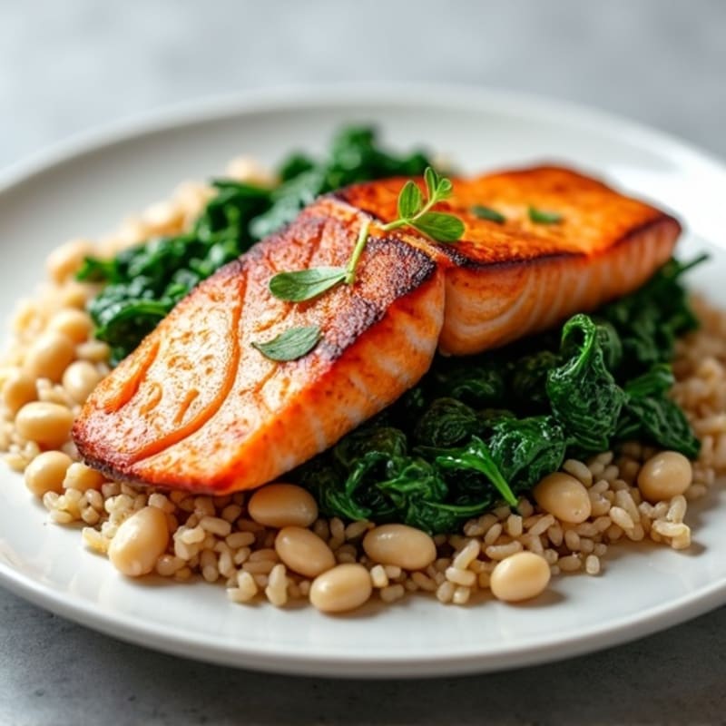 Seared Salmon Fillet with Garlic Spinach, White Beans, and Brown Rice