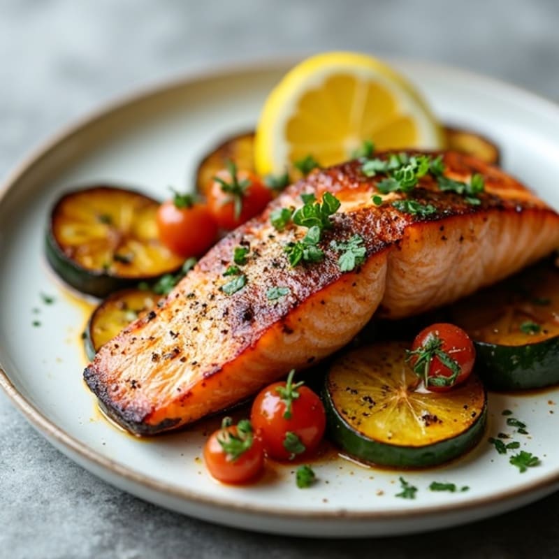 Herb-Roasted Salmon with Roasted Eggplant and Zucchini