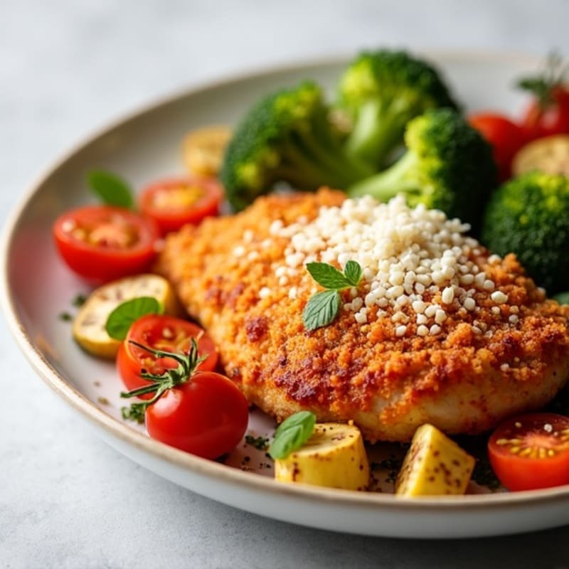 Healthy Crispy Baked Chicken Parmesan with Roasted Vegetables